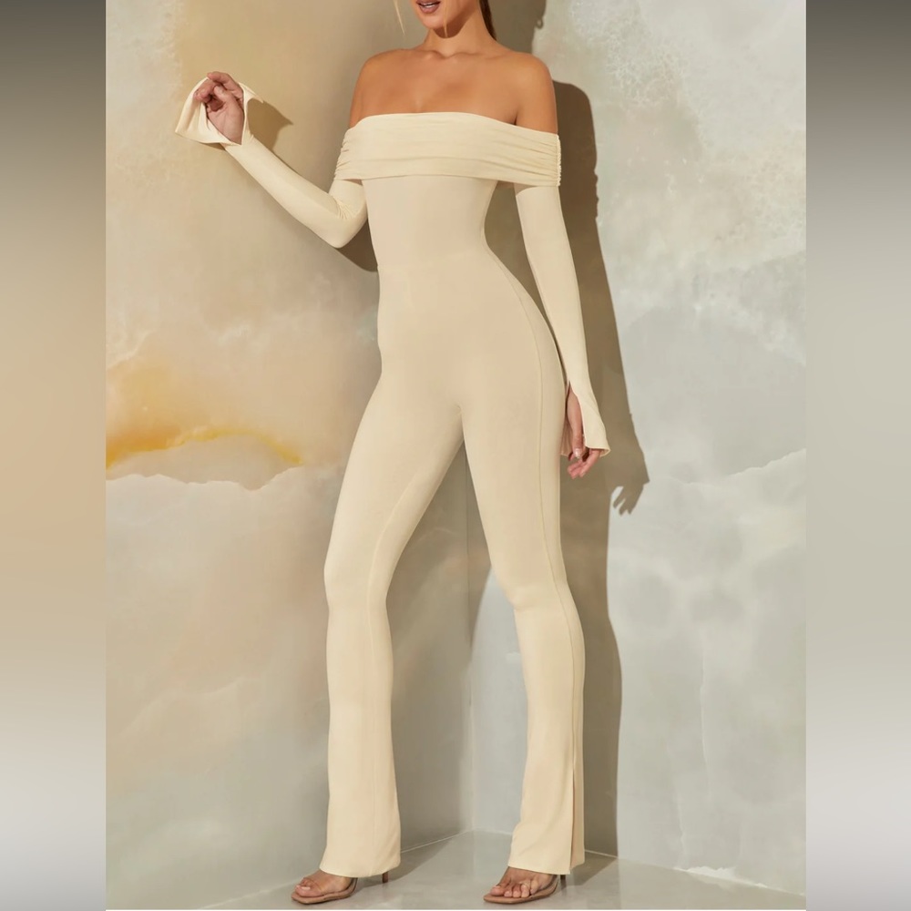 Long Sleeve Open Back Jumpsuit in Stone from OhPolly.